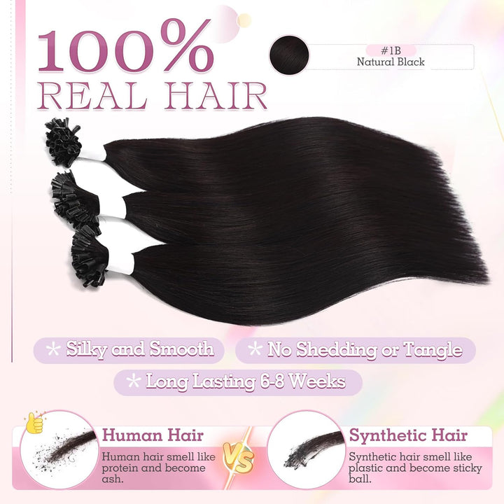 Elailite Bonding Extensions Echthaar Naturschwarz 25 Strähnen 25g Haarverlängerung Glatt U Tip Kerat