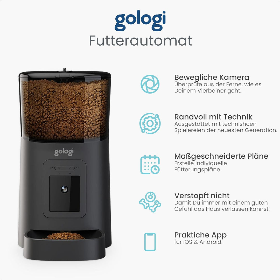 Gologi Futter-Automat Katze mit Kamera Full HD, Mikro und Lautsprecher, Katzenfutter-Automat Trocken