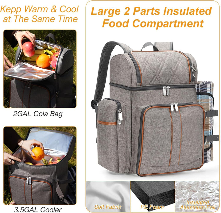 Picknick-Rucksack für 4 Personen, Picknickkorb-Set, auslaufsichere Picknicktasche, Strandkühlrucksac
