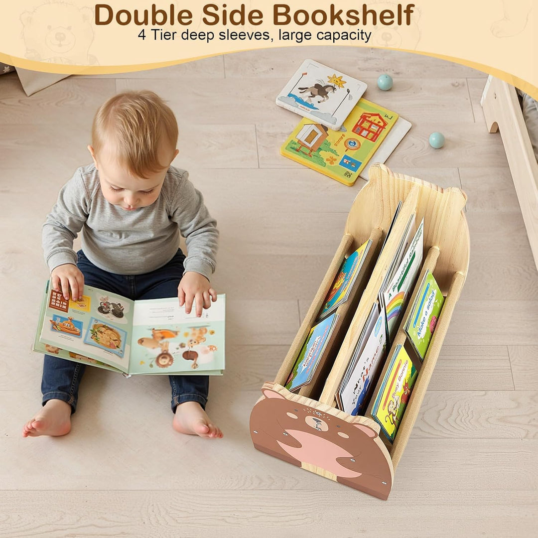 MHJY Bücherregal Kinder, doppelseitiges Holzregal mit robusten Canvas-Taschen, Montessori Stil, trag