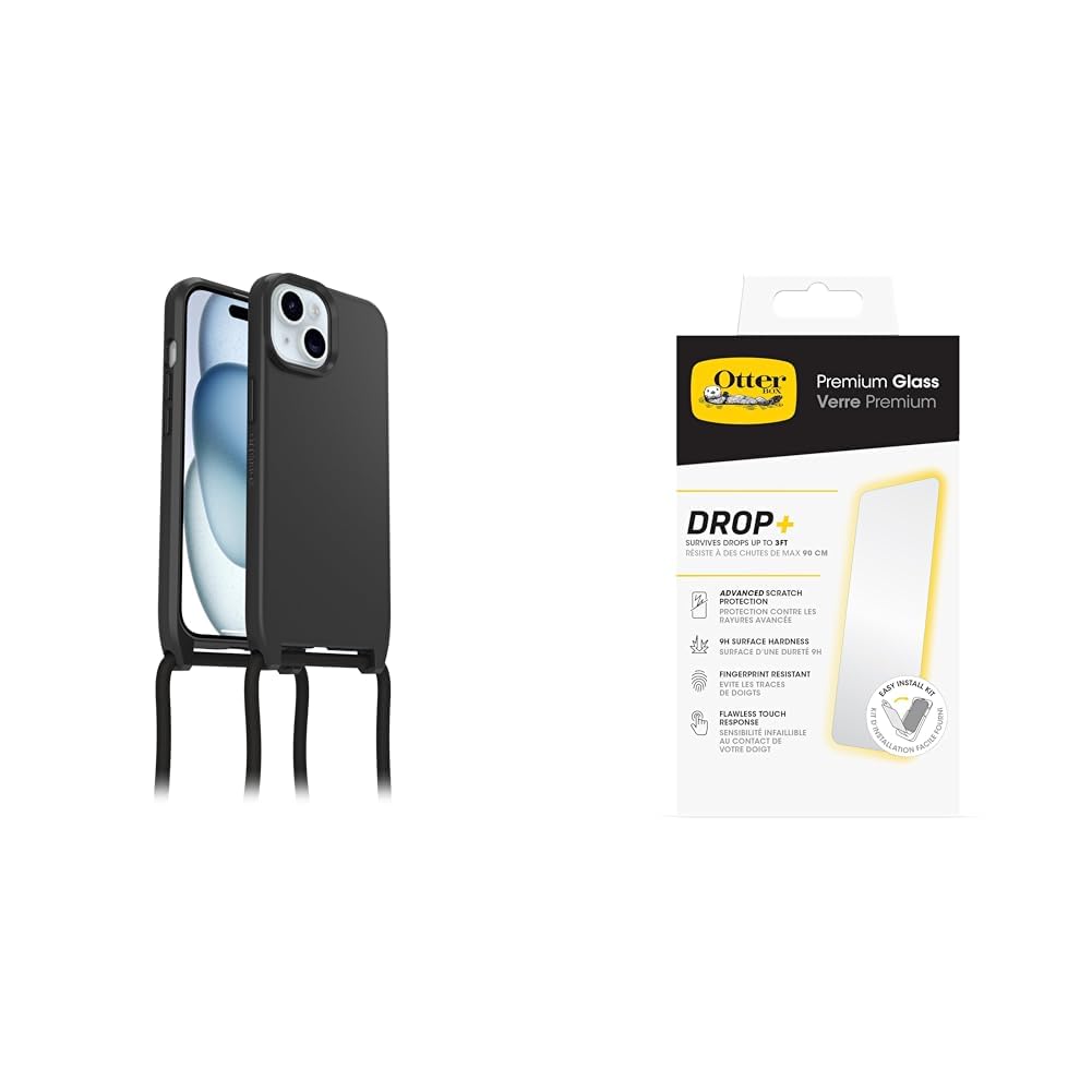 OtterBox React Necklace MagSafe Apple iPhone 15 - Black with Premium Tempered Glass Protector Schwar