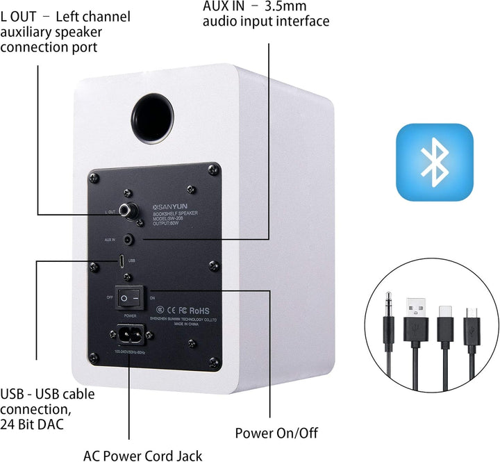Sanyun SW208 3" Aktive Bluetooth 5.0 Regallautsprecher - 60W-Kohlefaser-Lautsprechereinheit - eingeb