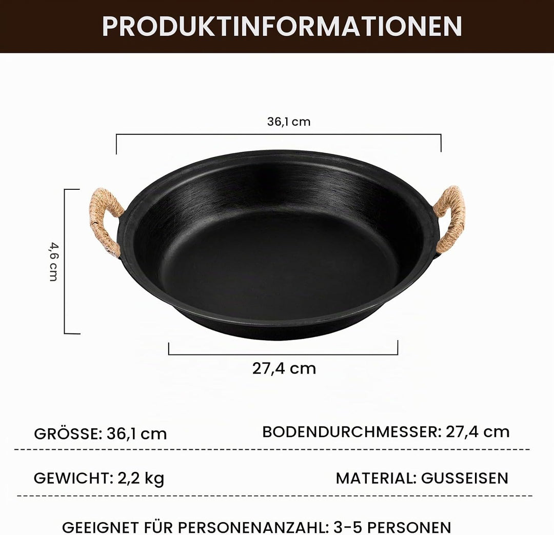 WANGYUANJI Gusseisenpfanne 36 cm – Grosse Grillpfanne mit zwei Griffen, Für Gas-, Elektro- &amp; Indukti