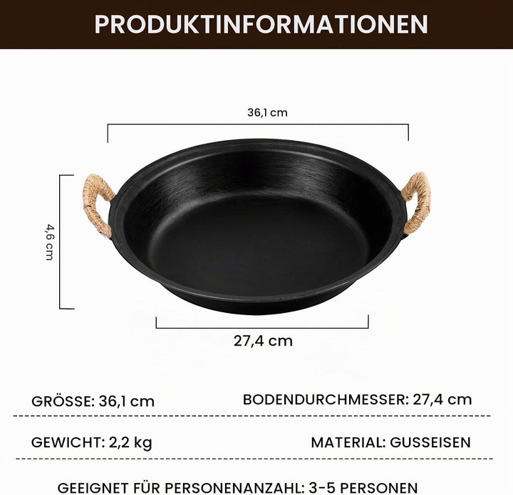 WANGYUANJI Gusseisenpfanne 36 cm – Grosse Grillpfanne mit zwei Griffen, Für Gas-, Elektro- &amp; Indukti