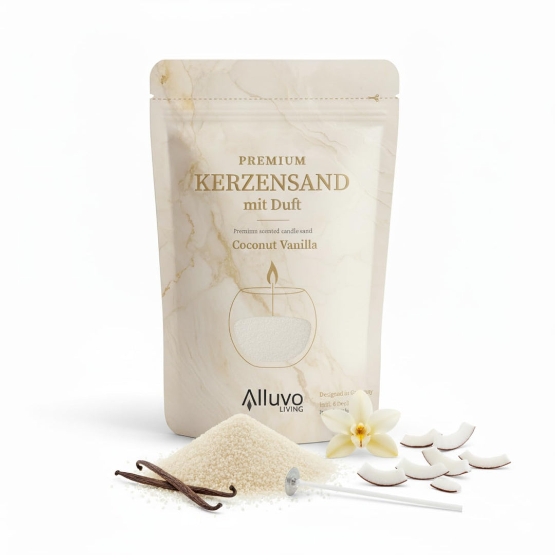 Premium Kerzensand Vanille Kokosnuss 450 g, Duftkerzen-Sand beige inkl. 8 Dochte, pflanzenbasiertes,