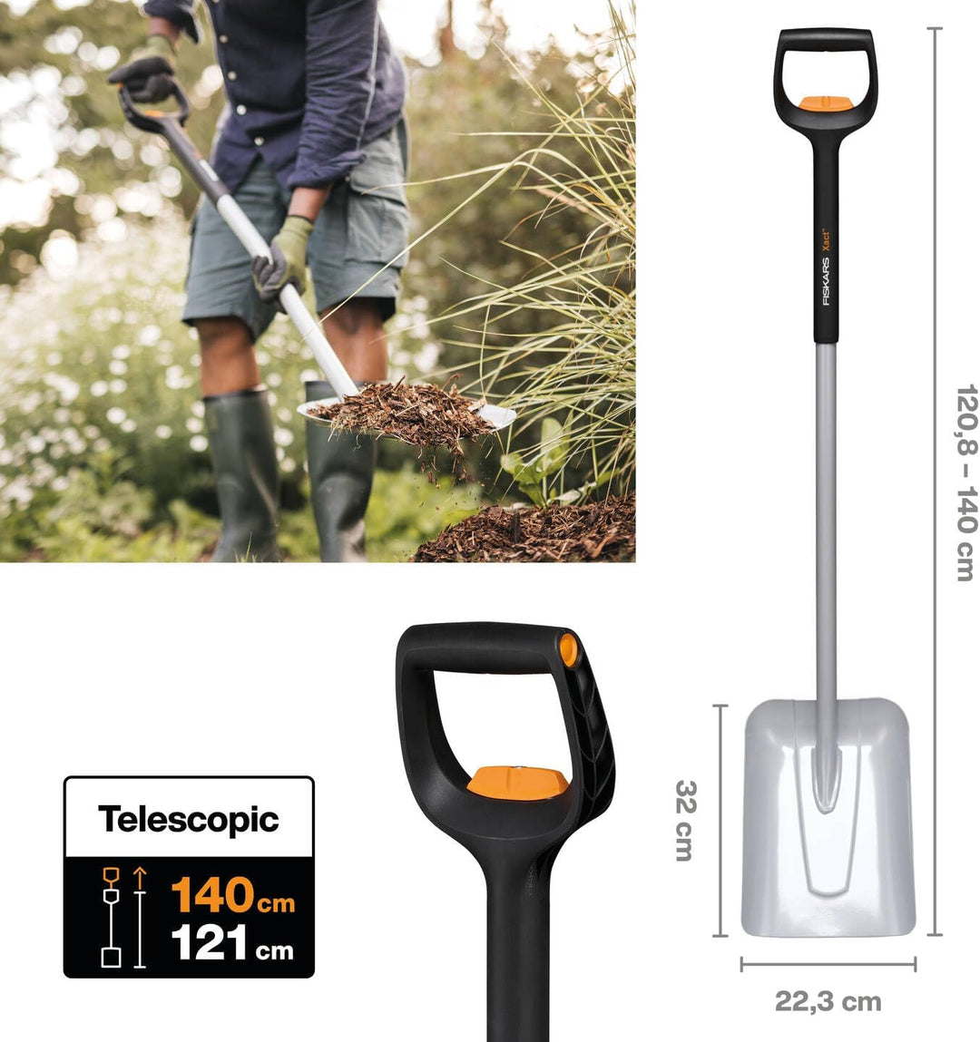 Fiskars Teleskop-Schaufel zum Anheben und Bewegen von Schüttgut und Schnee, Länge: 121 - 140 cm, Ver