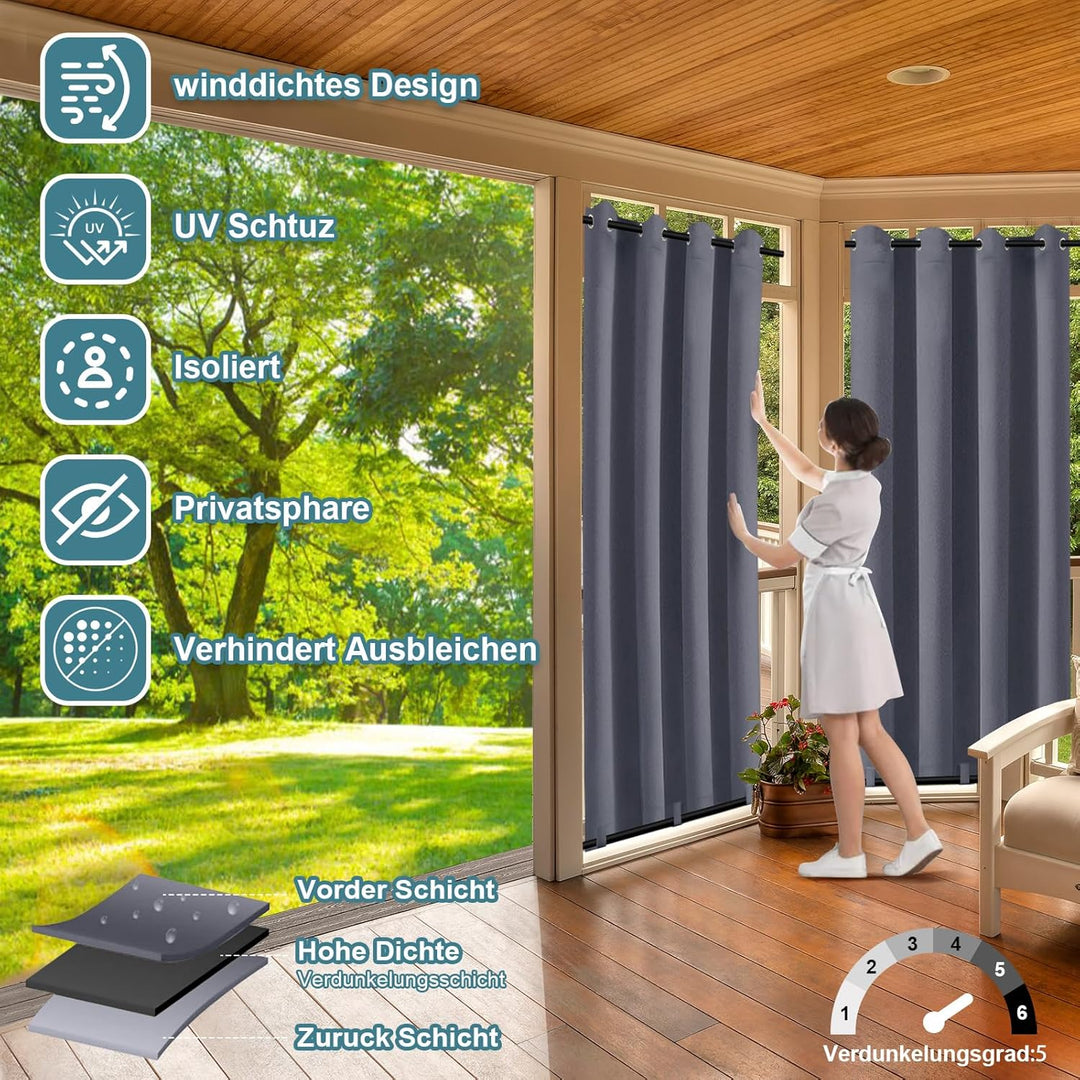 Rosnek 2 Stück Outdoor Vorhang Wetterfest Unten Gewichtet, Outdoorvorhänge mit Ösen 213x132cm Outdoo