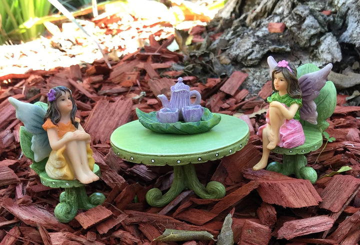 GlitZGlam Miniatur-Fee-Gartenmöbel Set Blatt Bistro-Tee-Set für Feen und Gartenzwerge