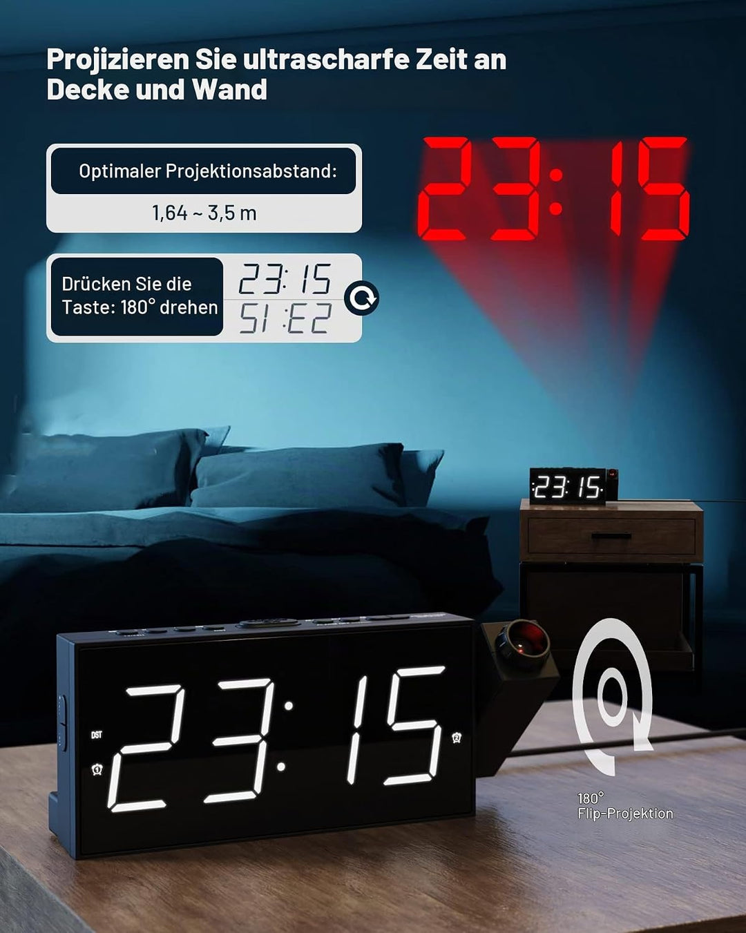 ROCAM Wecker mit Projektion für Schlafzimmer, LED Projektionswecker an der Decke mit USB Ladegerät,