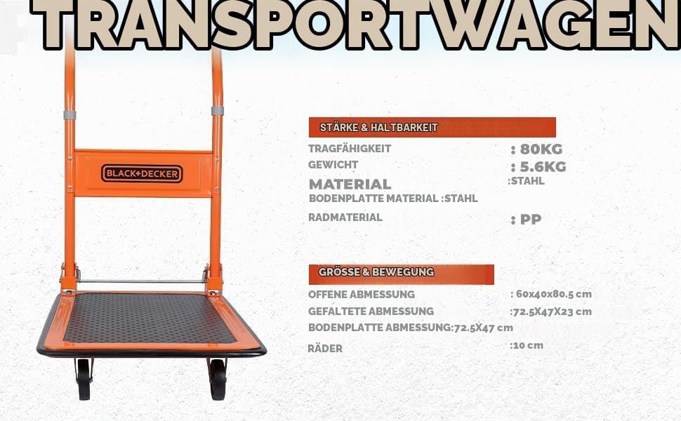 BLACK+DECKER BXWT-H303 Plattformwagen - Transportwagen Max. 80KG - Klappbarer Handwagen 60 x 40 x 80