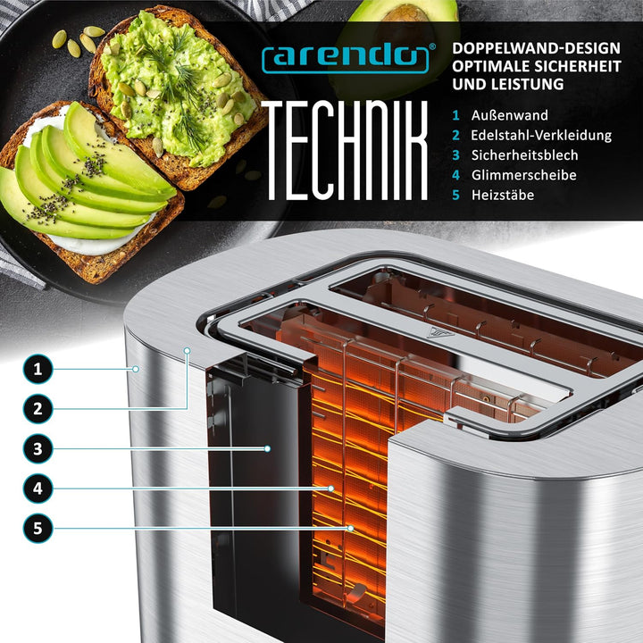 Arendo - Edelstahl Toaster 2 Scheiben - Touchscreen – Doppelwandgehäuse – 800 W – Integrierter Brötc