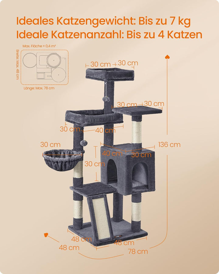 Feandrea Kratzbaum, 136 cm hoch, Katzenbaum, mehrstöckiges Katzenhaus, mit 4 Kratzsäulen, 3 Plattfor