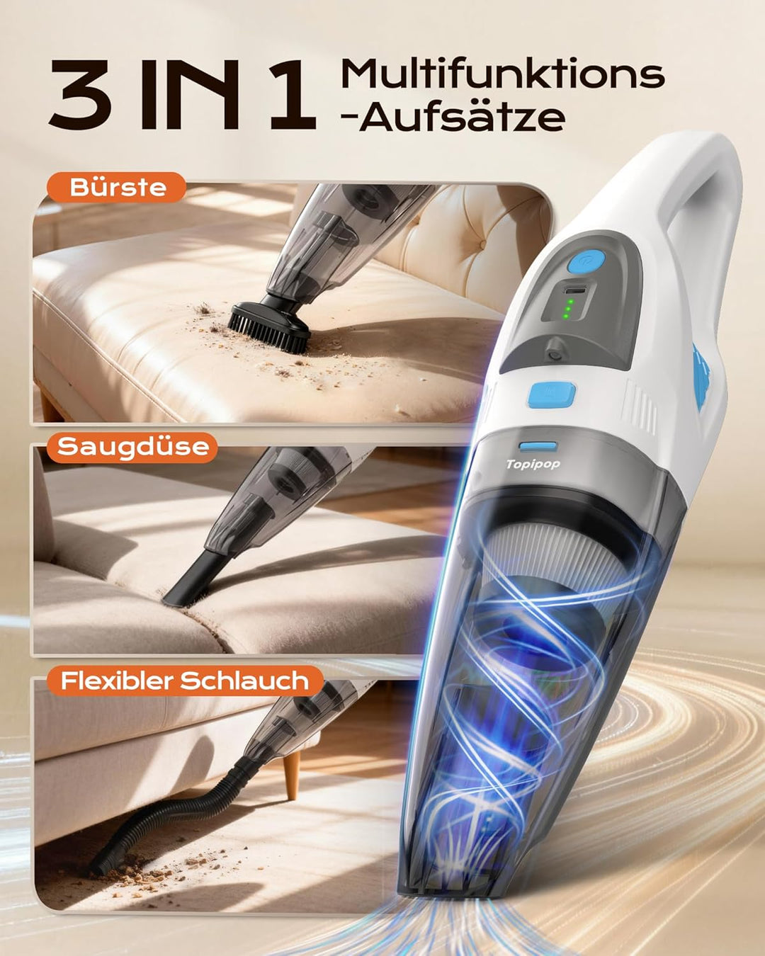 Topipop Handstaubsauger, 25000Pa Handstaubsauger Akku mit Ladestation, waschbarem HEPA Filter & 45 M