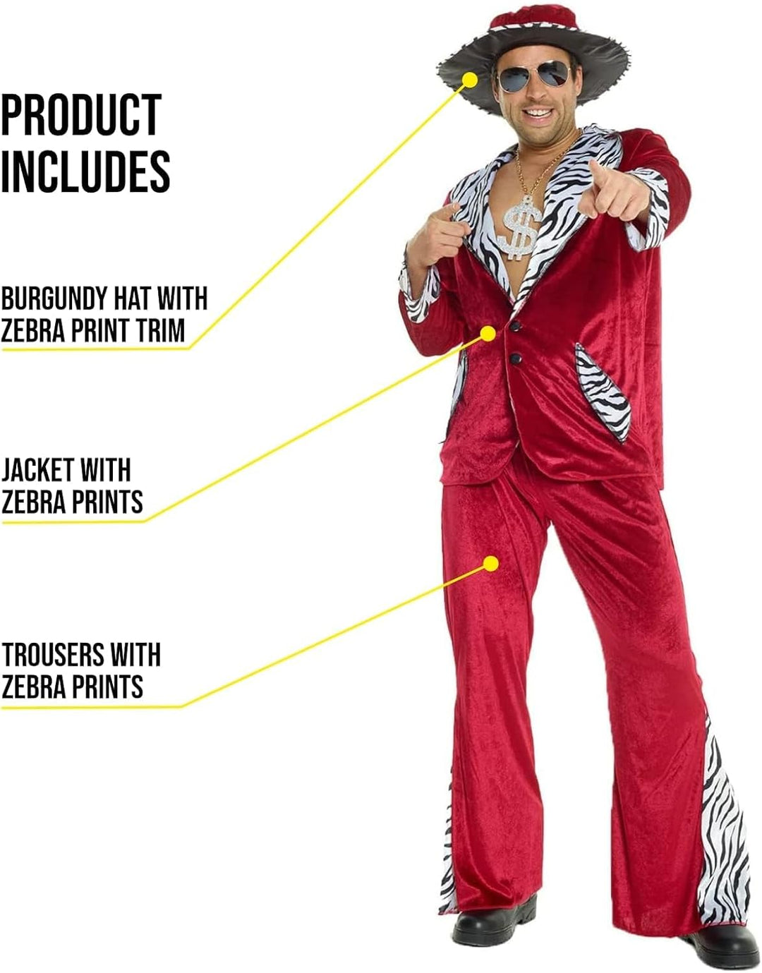 Morph Rotes Pimp Kostüm für Herren, 70er Jahre Outfit, Perfekt für Vegas und Halloween, M