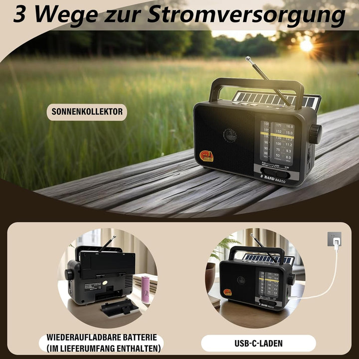 Bluetooth Radio Klein mit Solarzelle und 1200mAh-Batterie, AM/FM/SW Empfänger mit 8W Lautsprecher/TW