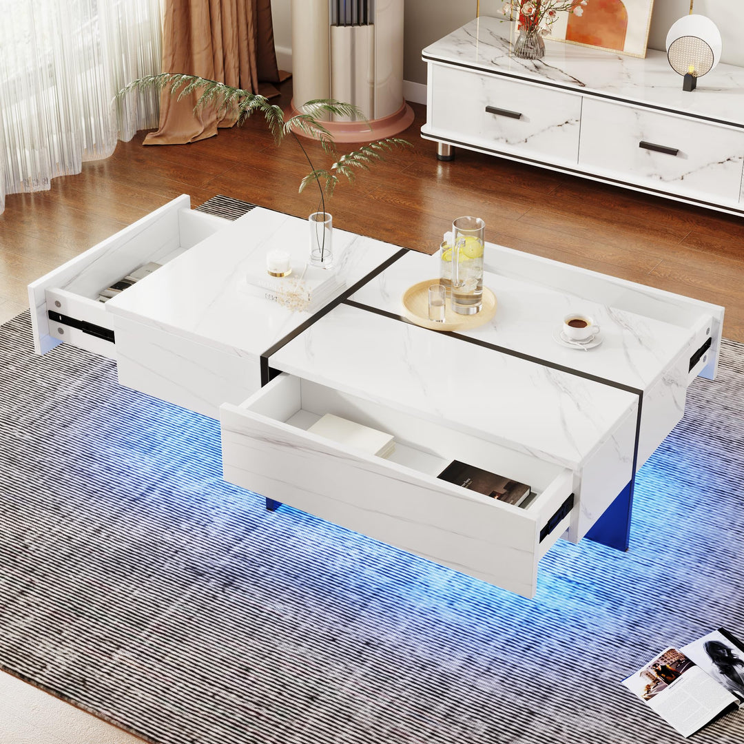 Merax Moderner LED Couchtisch, Wohnzimmertisch mit 3 Schubladen, Hochglänzender Couchtisch, Struktur