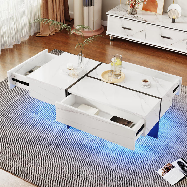 Merax Moderner LED Couchtisch, Wohnzimmertisch mit 3 Schubladen, Hochglänzender Couchtisch, Struktur