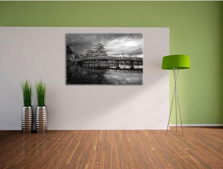 Pixxprint asiatischer Tempel an See als Leinwandbild/Grösse: 100x70 cm/Wandbild/Kunstdruck/fertig be