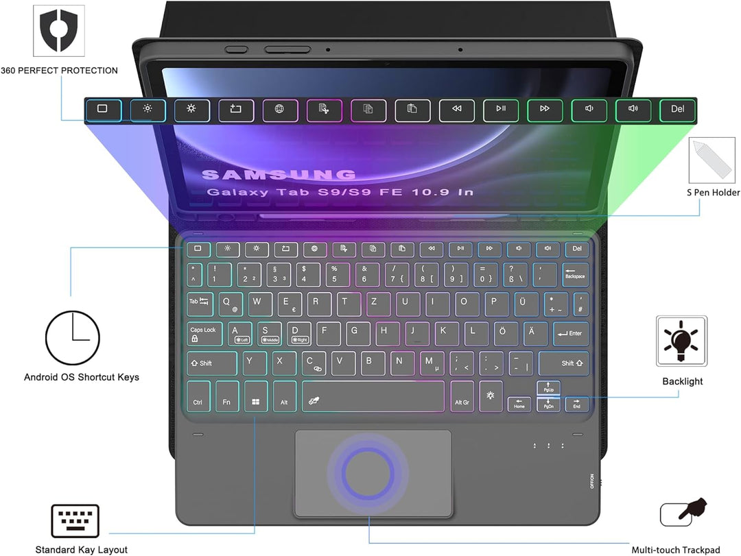ROOFEI Galaxy Tab S9/S9 FE Hülle mit Tastatur: 11 Zoll Galaxy Tab S9 Abnehmbar Tastatur mit Touchpad