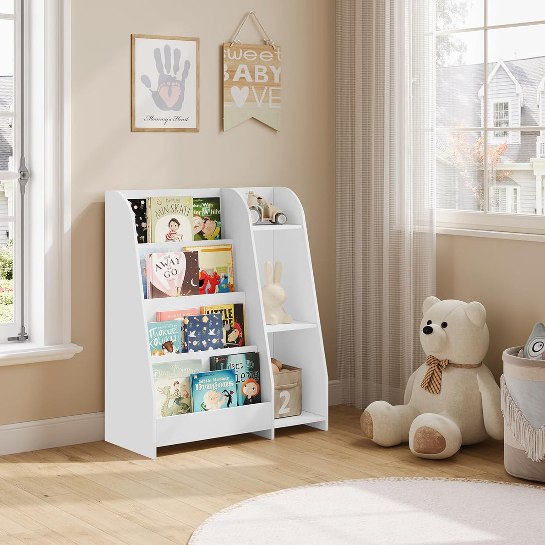 Lestarain Bücherregal Kinder, Montessori Kinderregal, Spielzeugregal, mit 4 Regalebenen und 3 Fächer