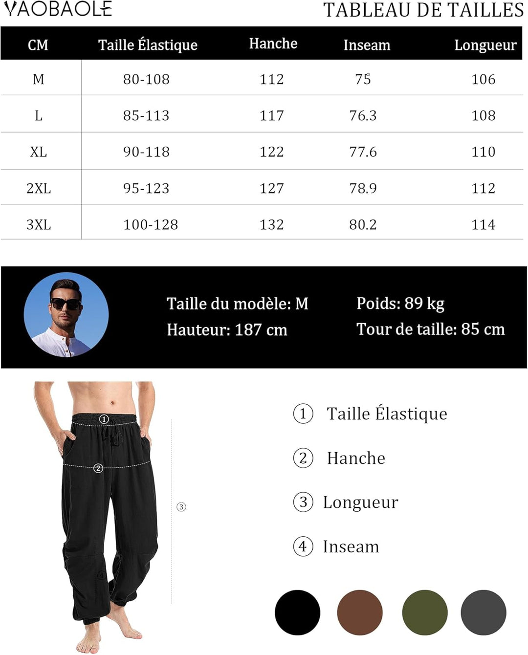 YAOBAOLE Herren-Hose, Leinen, mittelalterlich, lässig, Baumwolle, Leinen, Herren, Yoga, leicht, Somm