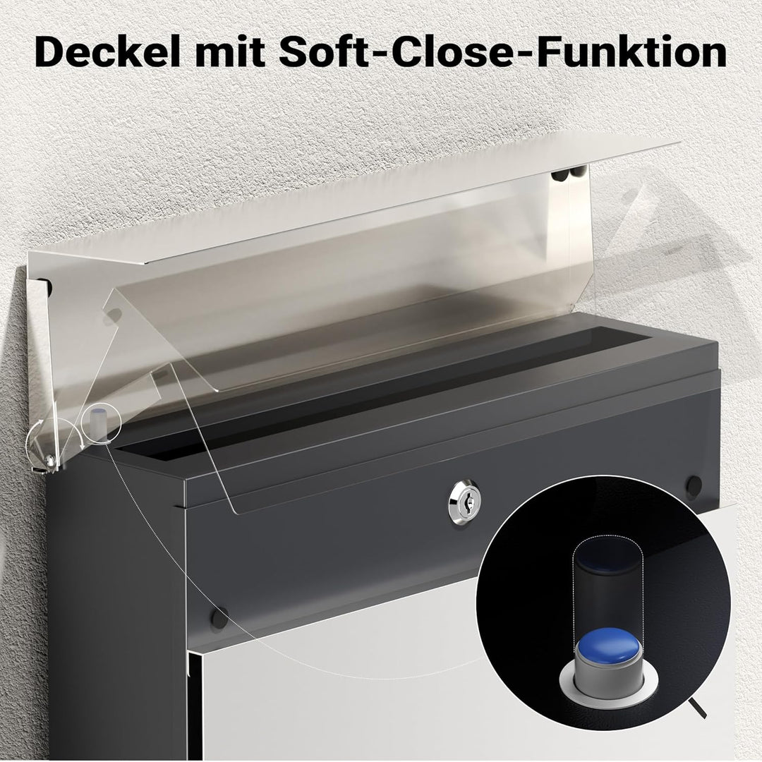 Wiltec Briefkasten Edelstahl V63 37 x 11 x 37 cm, Wandbriefkasten mit Zeitungsfach und Schlüssel Sil