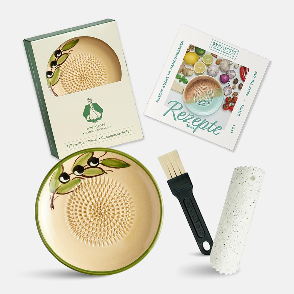 Evergrate® Keramikreibe Olivia mit Geschenkbox – mit Reibe, Knoblauchschäler, Rezeptheft & Pinsel –