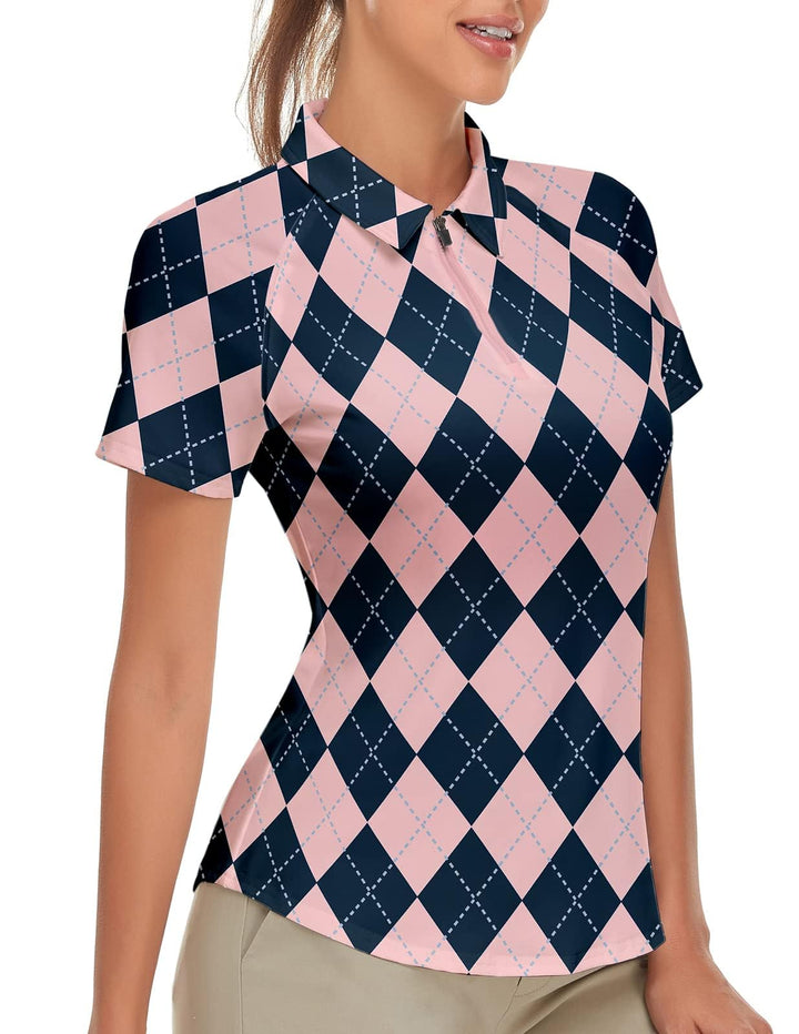 Soneven Atmungsaktiv Poloshirt Damen Leichtes Sportshirt Tailliert Karierte Bluse UPF 50+ Kurzarm 1/