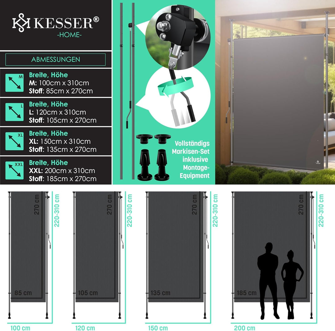 KESSER® Klemmmarkise Senkrechtmarkise 200x310cm Ausziehbar & Blickdicht Vertikalmarkise mit Handkurb