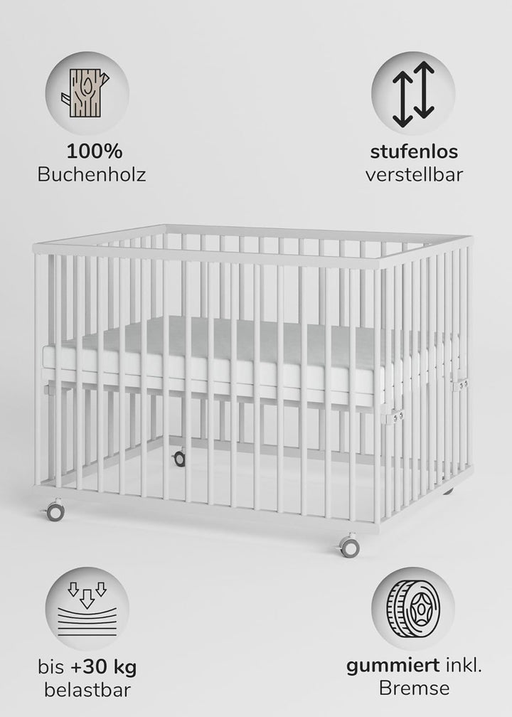 Sämann Laufstall Baby 75x100 cm mit Matratze SleepPlus & Schlupfsprossen | TÜV geprüft | stufenlos h