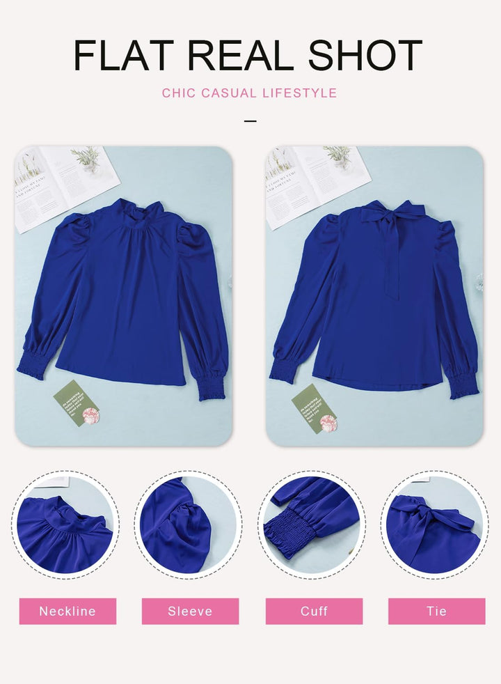 Dokotoo Damen Bluse Elegant Business Chiffonbluse Einfarbig Stehkragen Puffärmel Oberteil Tops S-XXL
