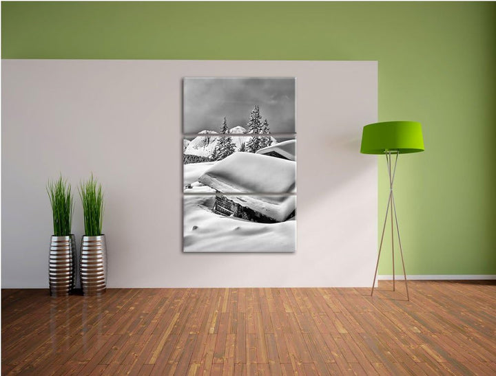 Pixxprint Monocrome, Verschneite Berghütten in den Alpen 3-Teiler Leinwandbild 120x80 Bild auf Leinw