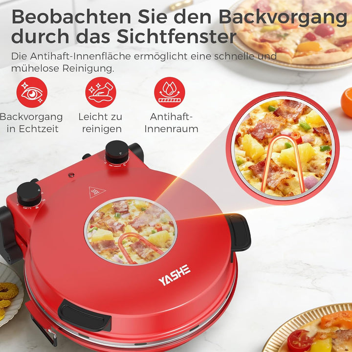 YASHE Elektrischer Pizzaofen für die Arbeitsplatte mit Pizzastein, Einstellbare Temperatur & Timer,