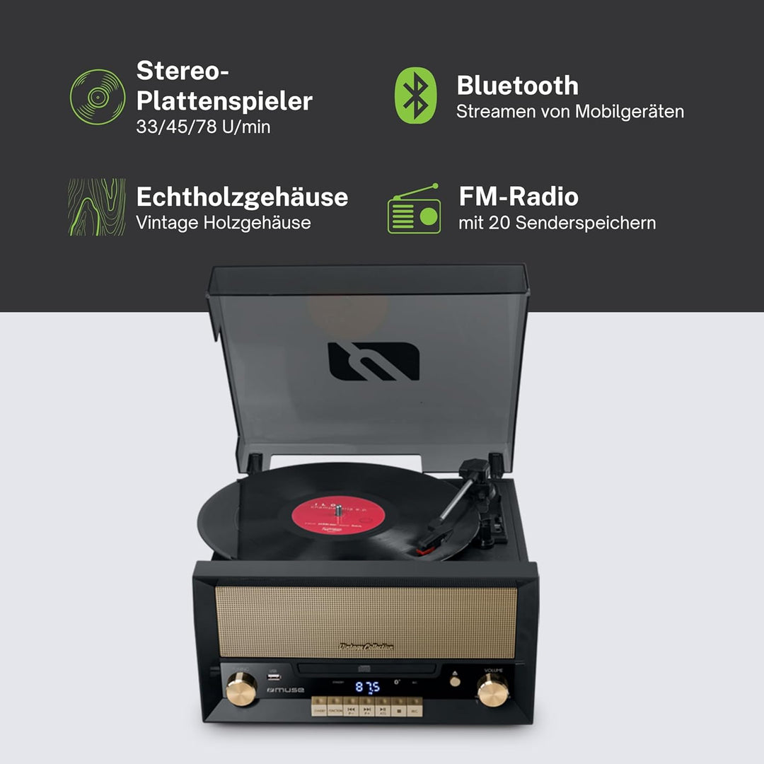 Muse MT-110 B Retro Plattenspieler mit USB, AUX-In, CD, Bluetooth schwarz