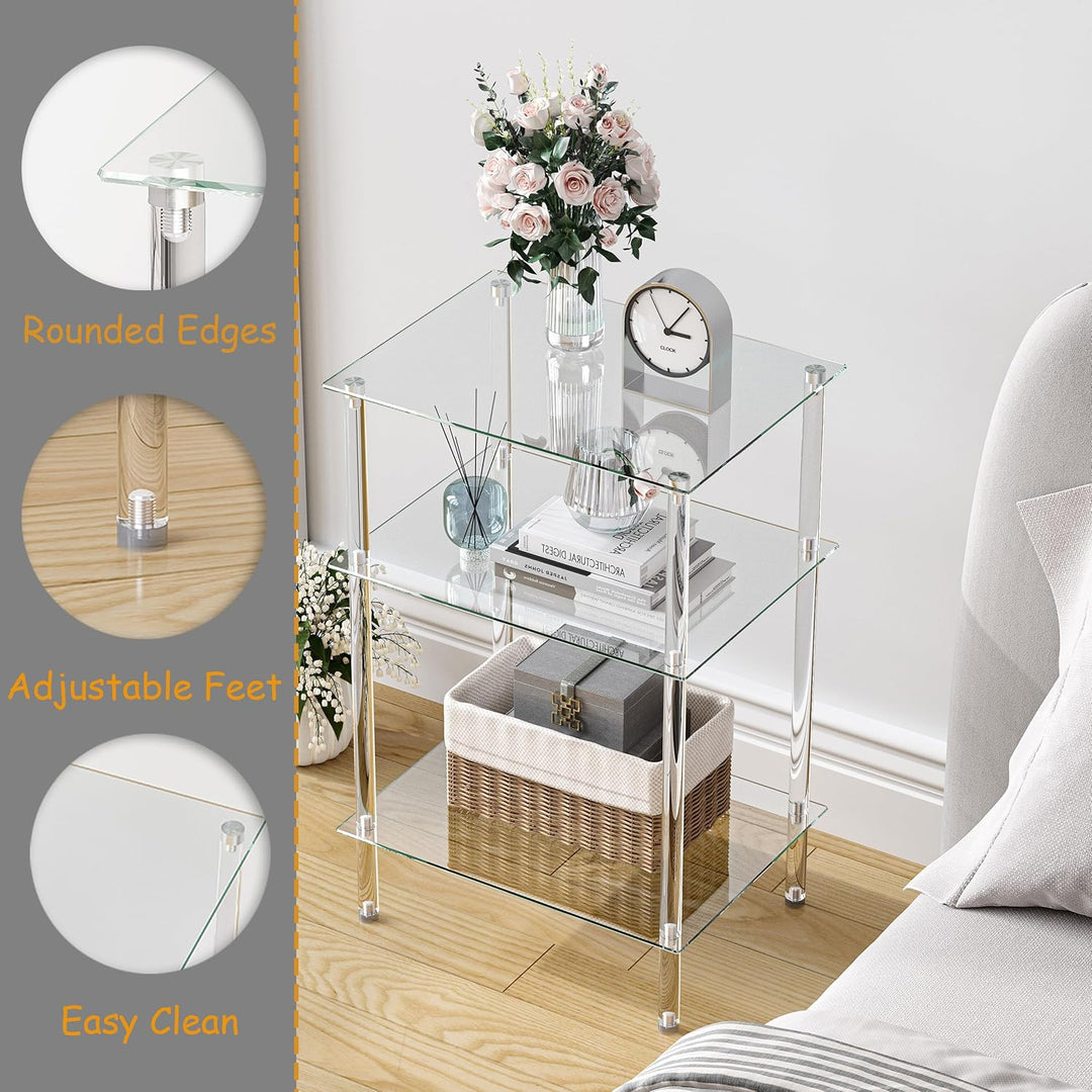 Moderner Beistelltisch Glas Eckig Transparenter Tisch mit 3 Ablagen Nachttisch Glastisch Side Table