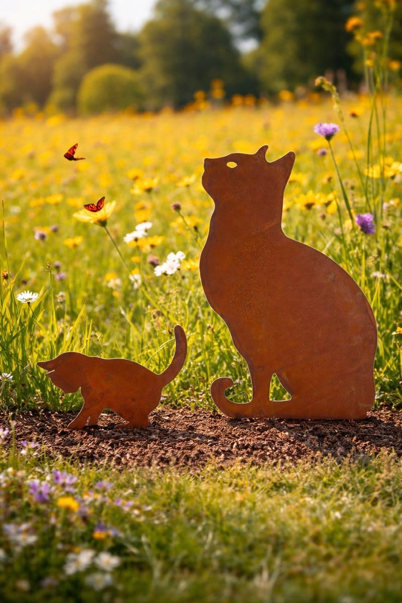 Bornhöft Gartendeko Gartenstecker Katze mit Kitte Katzenbaby Edelrost Rost-Optik Metallfigur, Garten
