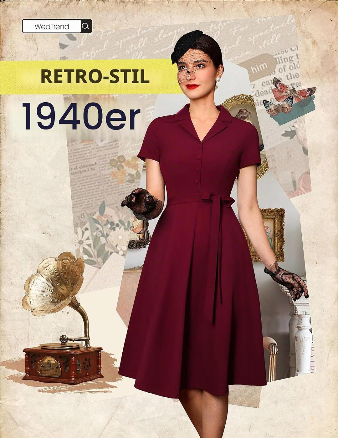 Wedtrend Vintage Cocktailkleid Damen A Linie Midilang V-Ausschnitt Abendkleid Elegant Freizeitkleide