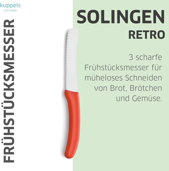 Kuppels Frühstücksmesser-Set 3-tlg, Wellenschliff-Klingen, Rot, Solingen | Tomatenmesser, Brötchenme
