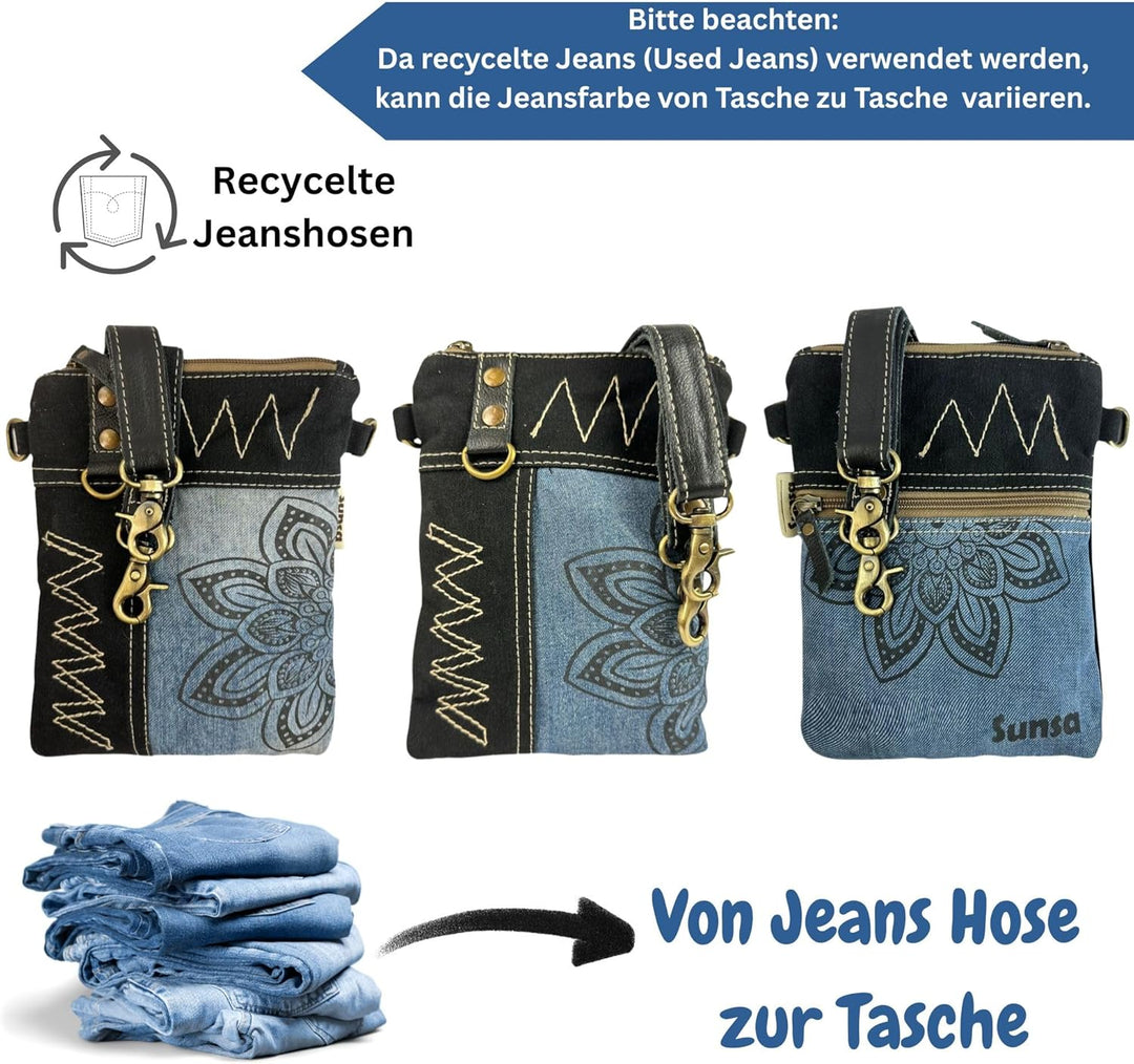 Sunsa Damen kleine Umhängetasche. Nachhaltige Tasche aus recycelte Jeans & Leder. Crossover bag in V