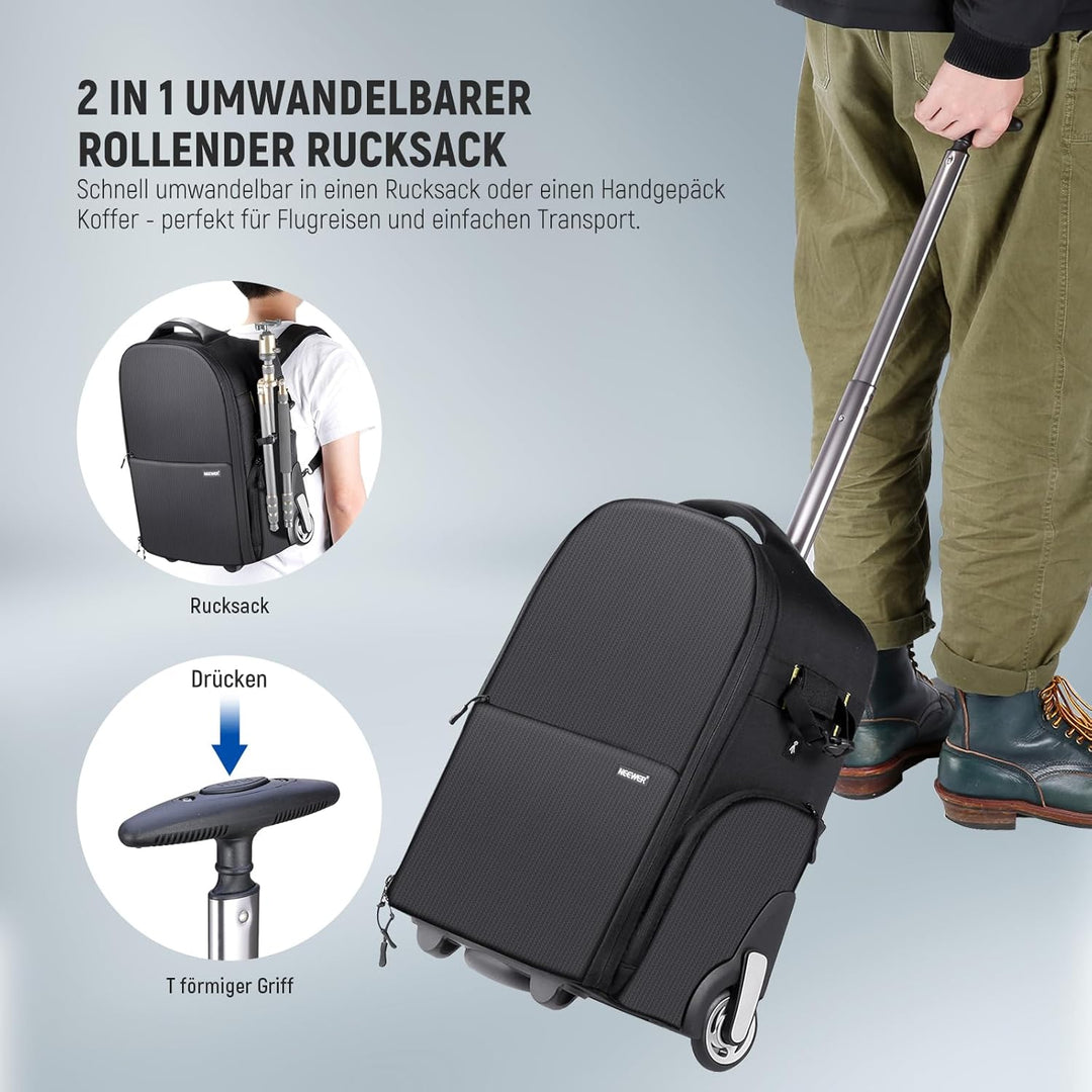 Neewer 2 in 1 Kamerarucksack mit Rollen Gepolstertes stossfestes Fach, Teleskopgriff und versteckte