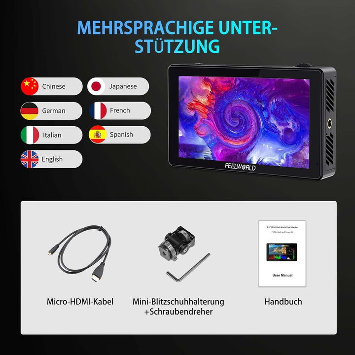 FEELWORLD LUT5 Kamera DSLR Field Monitor 5.5 Zoll 3000nit Ultra High Bright Touchscreen Monitor 3DLU