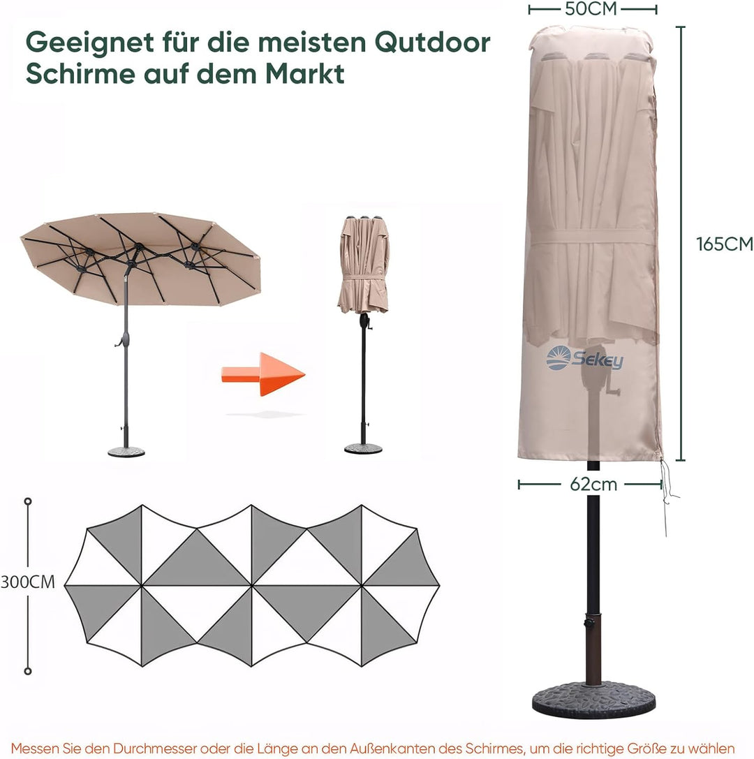 Sekey Doppelsonnenschirm Schutzhülle | Abdeckhauben für Sonnenschirm | 165×50/62 cm – Extrabreite Ab