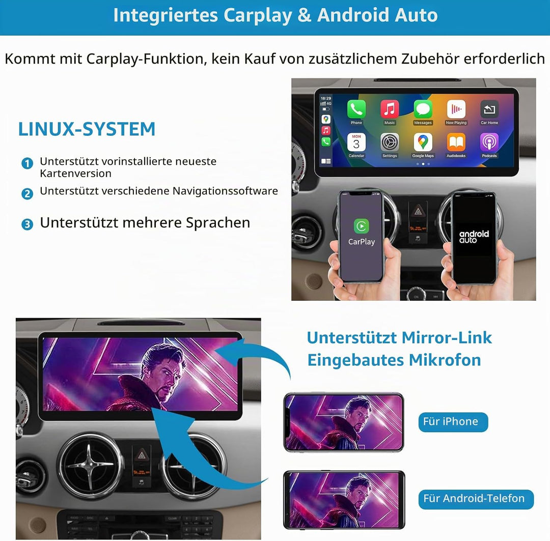 Autoradio 12,3 Zoll Touchscreen mit kabellosem Carplay und Android Auto für 2013-2015 Mercedes Benz