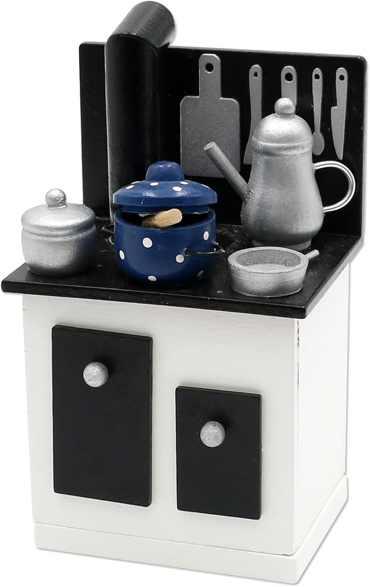 Dekohelden24 Holz Räucherofen mit Küchenutensilien in schwarz-weiss, L/B/H ca. 9 x 7 x 15 cm, 15 cm