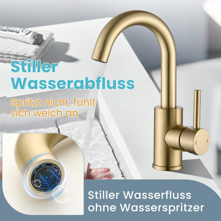 Wasserhahn Bad,Badarmatur/Küche Klein,360°drehbar,Einhebelmischer,Edelstahl Waschbeckenarmatur Gold