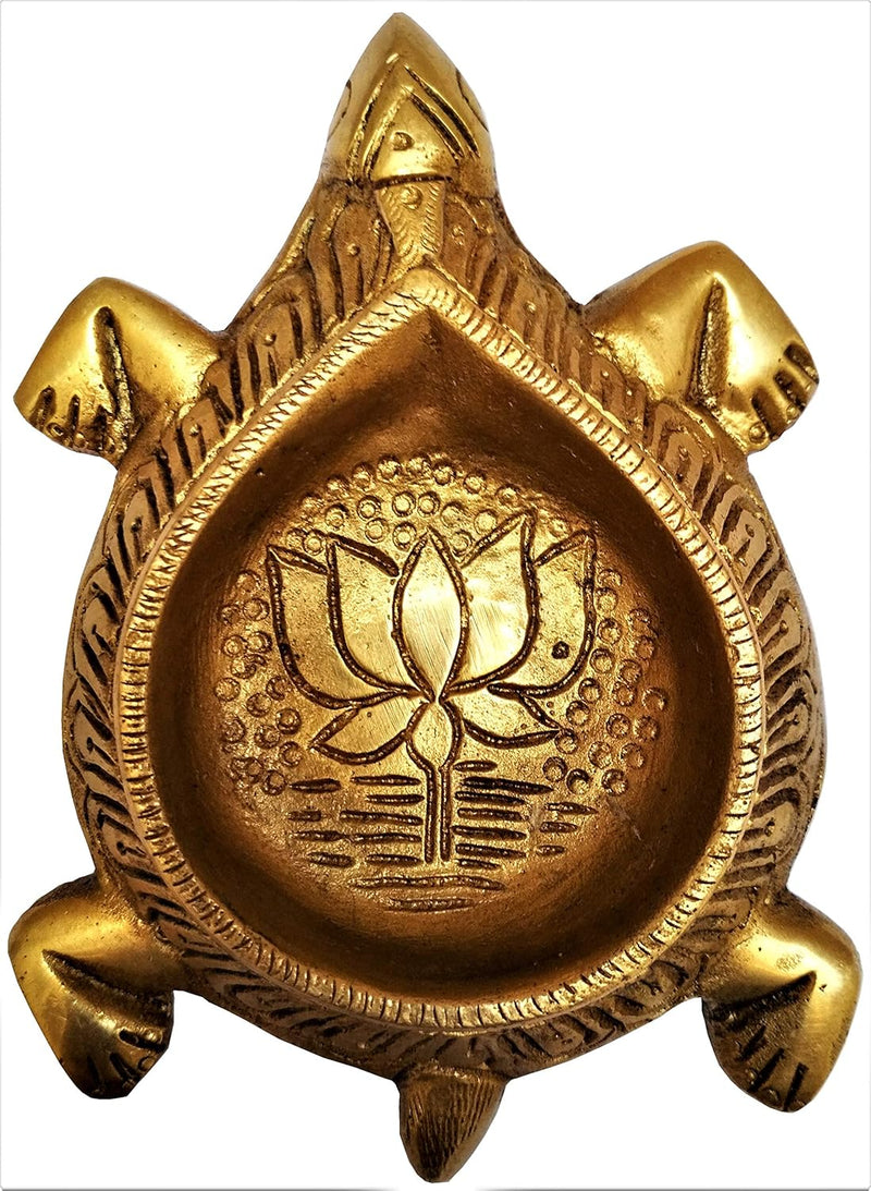 Purpledip Brass Tortoise Diya: Holy Oil Lamp Deepam; Feng Shui Vastu Good Luck Light (11570)