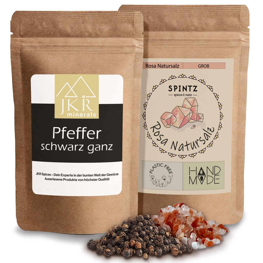 JKR Spices® 250g Schwarzer Pfeffer ganz + SPINTZ 500g Rosa Natursalz grob - Kombi Angebot | ganze Pf