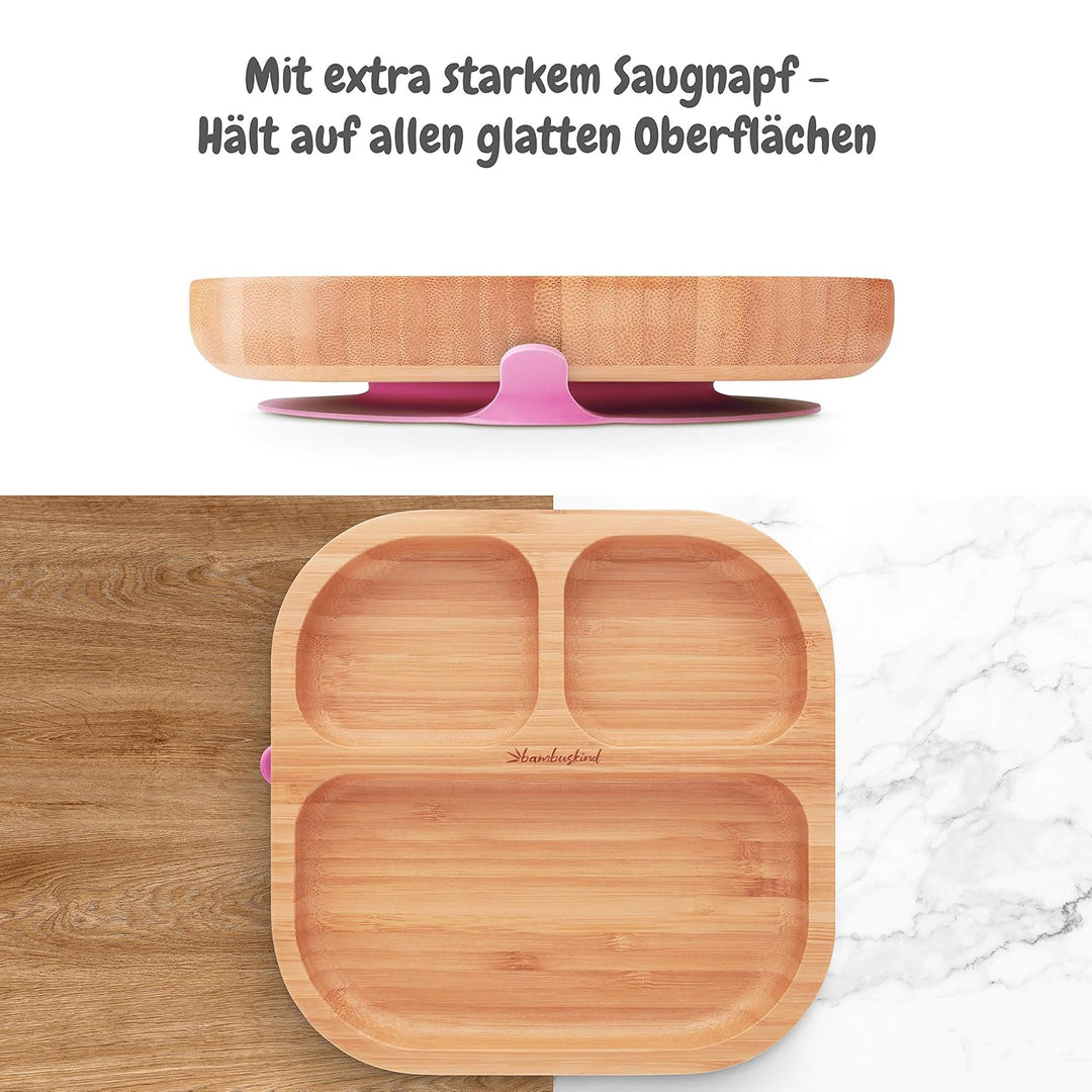 Kinderteller mit Saugnapf pink I Inkl. Rezepte-Ebook I rutschfester Babyteller aus nachhaltigem Bamb