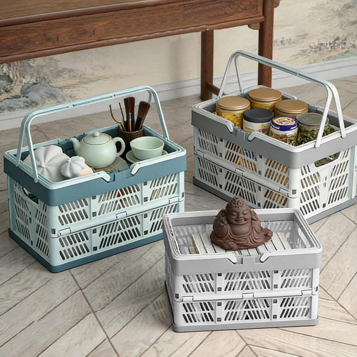 2 Stück Faltbarer Klappbox Klein, Klappbar Tragbarer Korb mit Henkel Faltbox Plastik Klappbox Campin