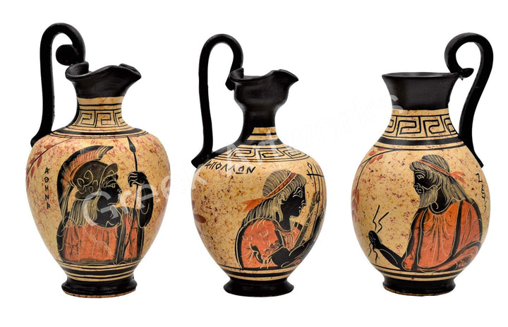 Set 3 Keramikvasen mit schwarzer Figur aus griechischer Keramik Zeus Apollo Athena